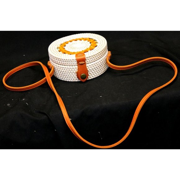 Round Crossbody Sm Woven Rattan White with Orange Accent, Brown Strap - Picture 2 of 10